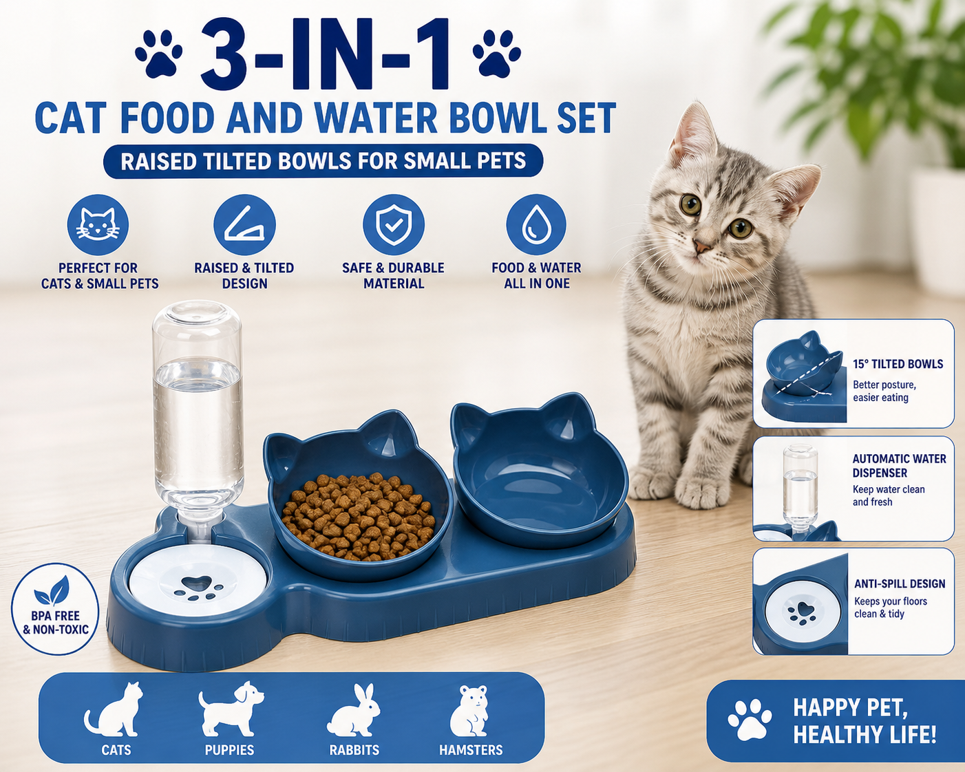 3-in-1 Cat Food And Water Bowl Set with Waterproof Mat - Raised Tilted Cat Bowls with Stand - Non-Slip Pet Food and Drinking Tray - Double Feeding Station with Water Dispenser for Cats & Small Dogs