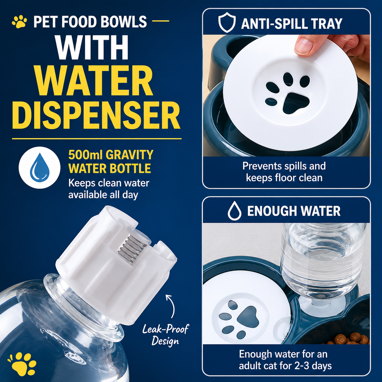 3-in-1 Cat Food And Water Bowl Set with Waterproof Mat - Raised Tilted Cat Bowls with Stand - Non-Slip Pet Food and Drinking Tray - Double Feeding Station with Water Dispenser for Cats & Small Dogs
