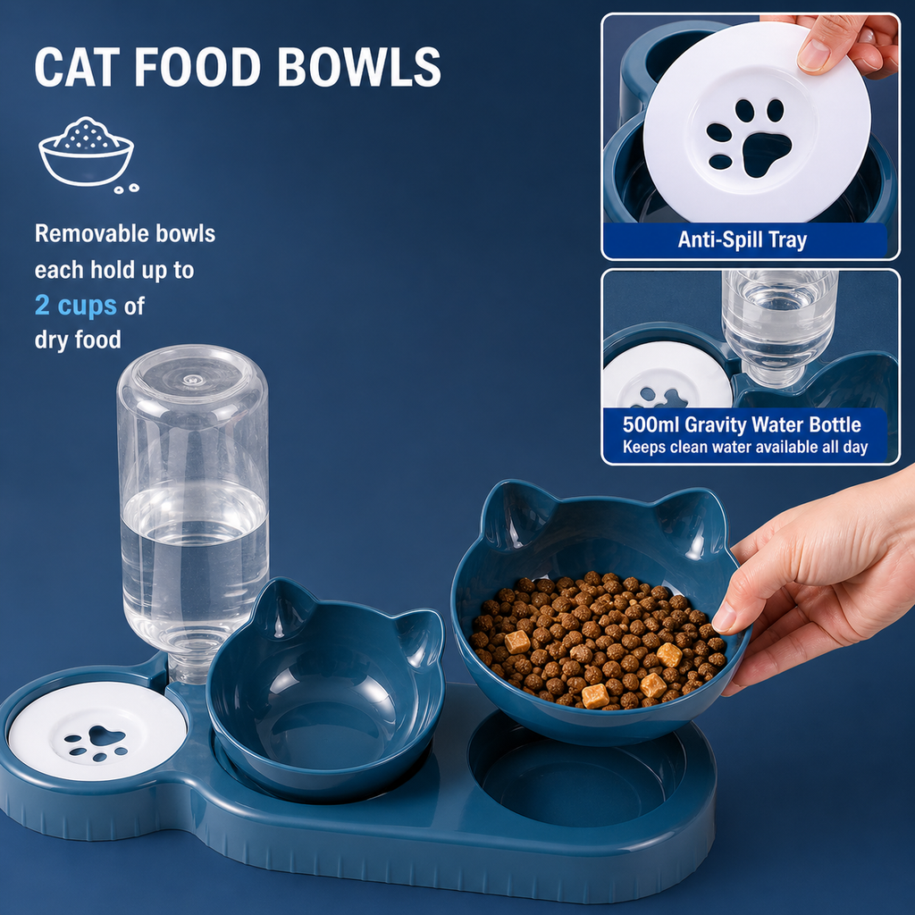 3-in-1 Cat Food And Water Bowl Set with Waterproof Mat - Raised Tilted Cat Bowls with Stand - Non-Slip Pet Food and Drinking Tray - Double Feeding Station with Water Dispenser for Cats & Small Dogs