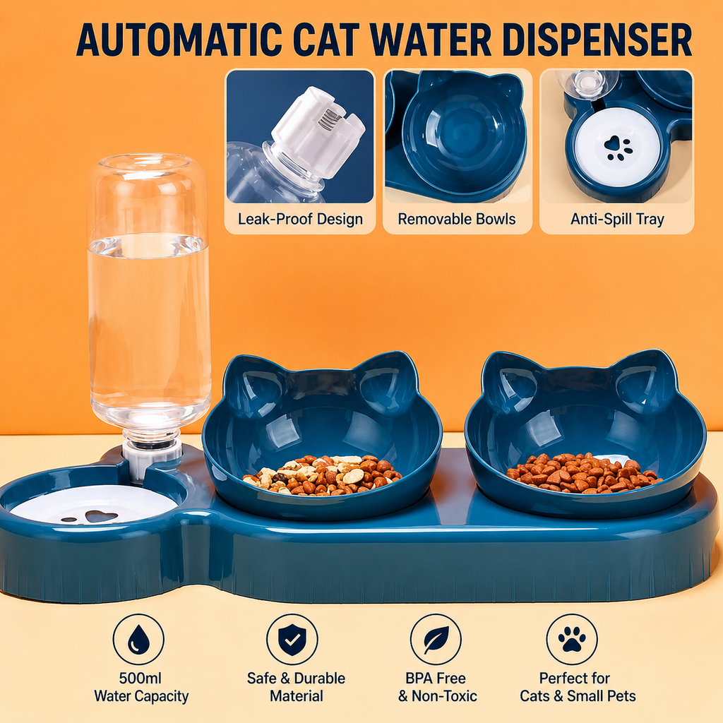 3-in-1 Cat Food And Water Bowl Set with Waterproof Mat - Raised Tilted Cat Bowls with Stand - Non-Slip Pet Food and Drinking Tray - Double Feeding Station with Water Dispenser for Cats & Small Dogs