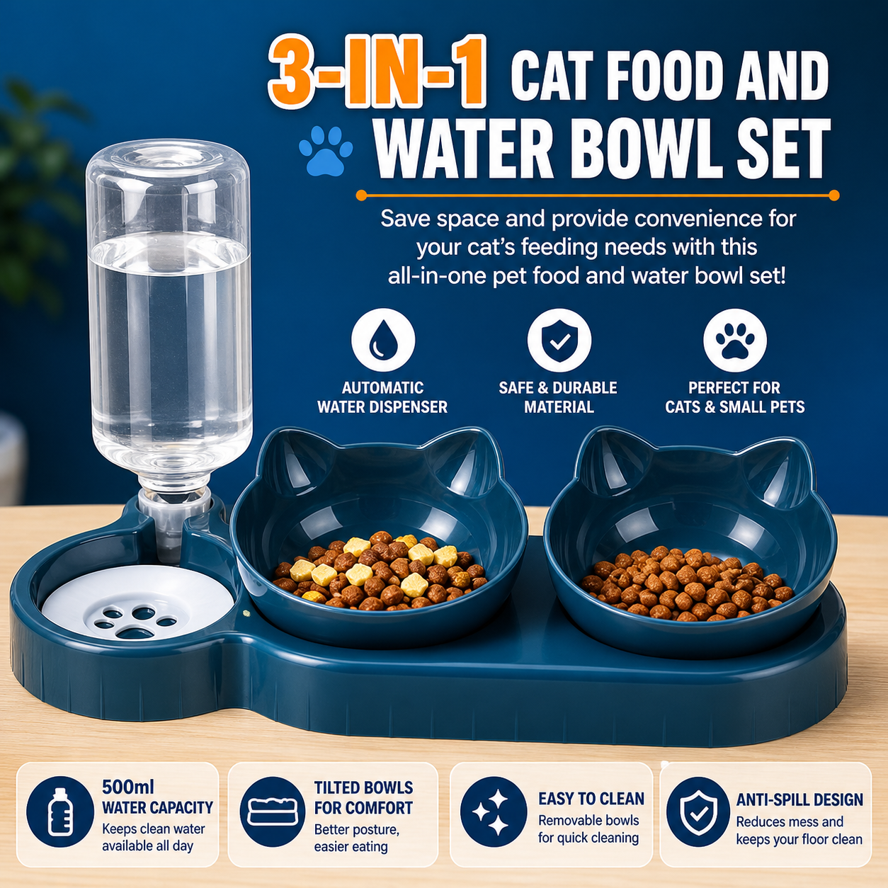 3-in-1 Cat Food And Water Bowl Set with Waterproof Mat - Raised Tilted Cat Bowls with Stand - Non-Slip Pet Food and Drinking Tray - Double Feeding Station with Water Dispenser for Cats & Small Dogs