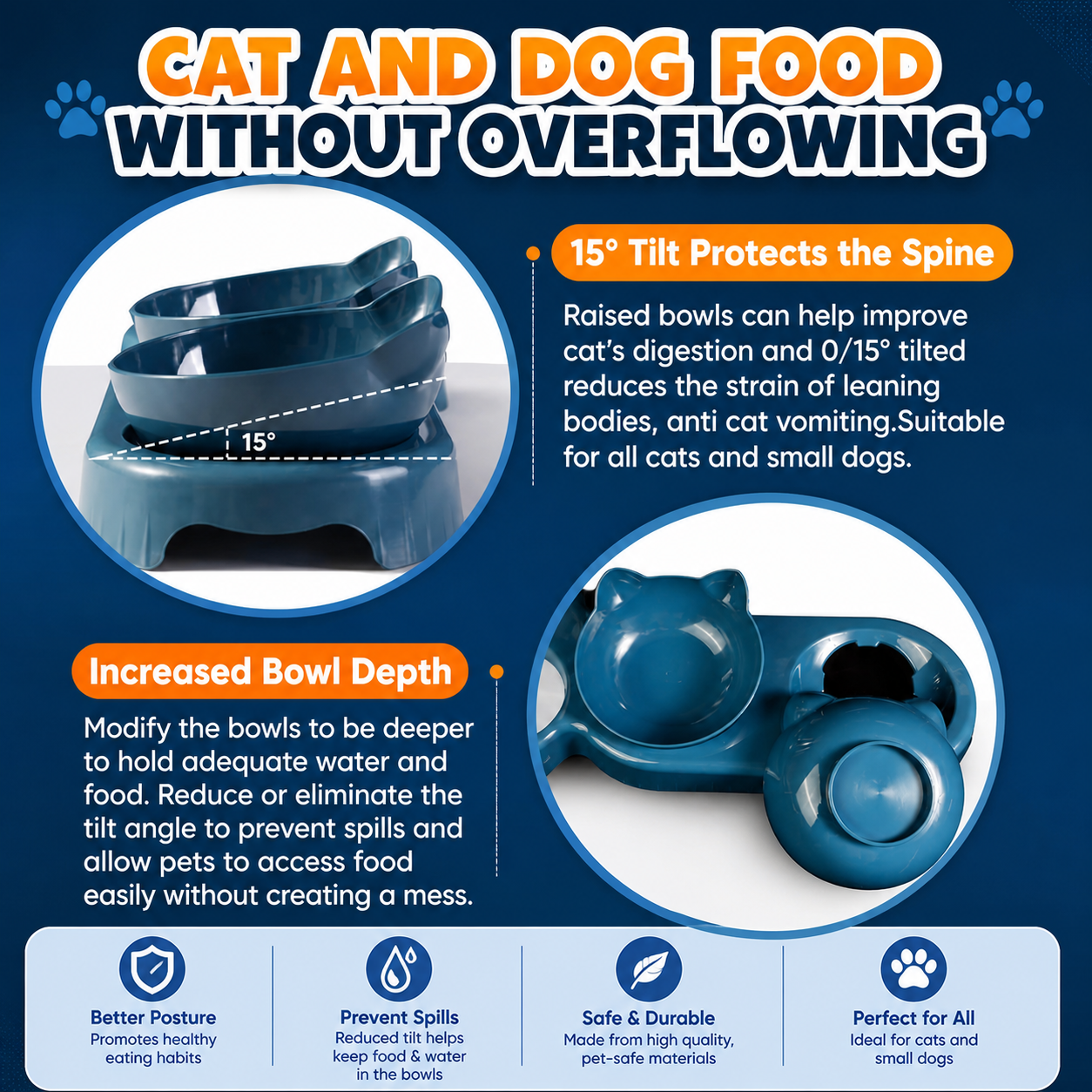 3-in-1 Cat Food And Water Bowl Set with Waterproof Mat - Raised Tilted Cat Bowls with Stand - Non-Slip Pet Food and Drinking Tray - Double Feeding Station with Water Dispenser for Cats & Small Dogs