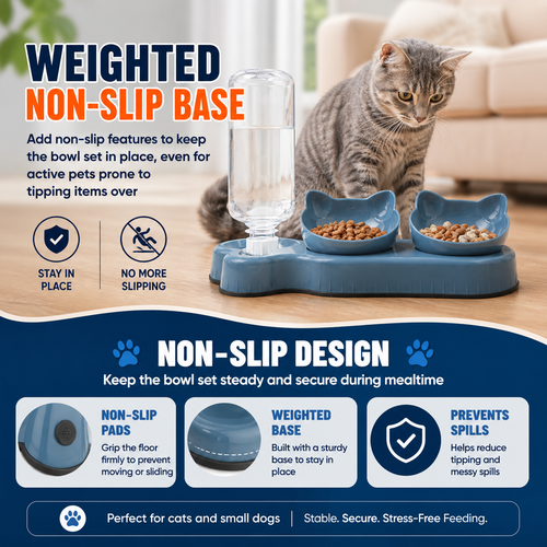 3-in-1 Cat Food And Water Bowl Set with Waterproof Mat - Raised Tilted Cat Bowls with Stand - Non-Slip Pet Food and Drinking Tray - Double Feeding Station with Water Dispenser for Cats & Small Dogs