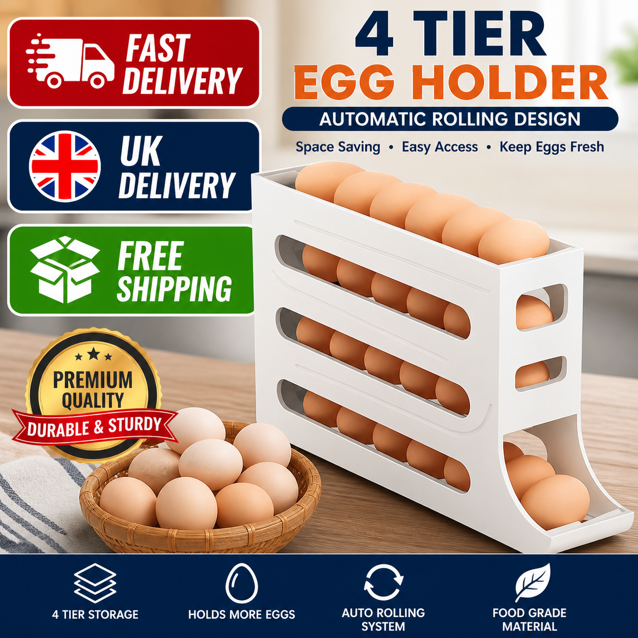 4-Tier Rolldown Refrigeretor Egg Dispenser Auto Rolling Egg Holder Storage Rack