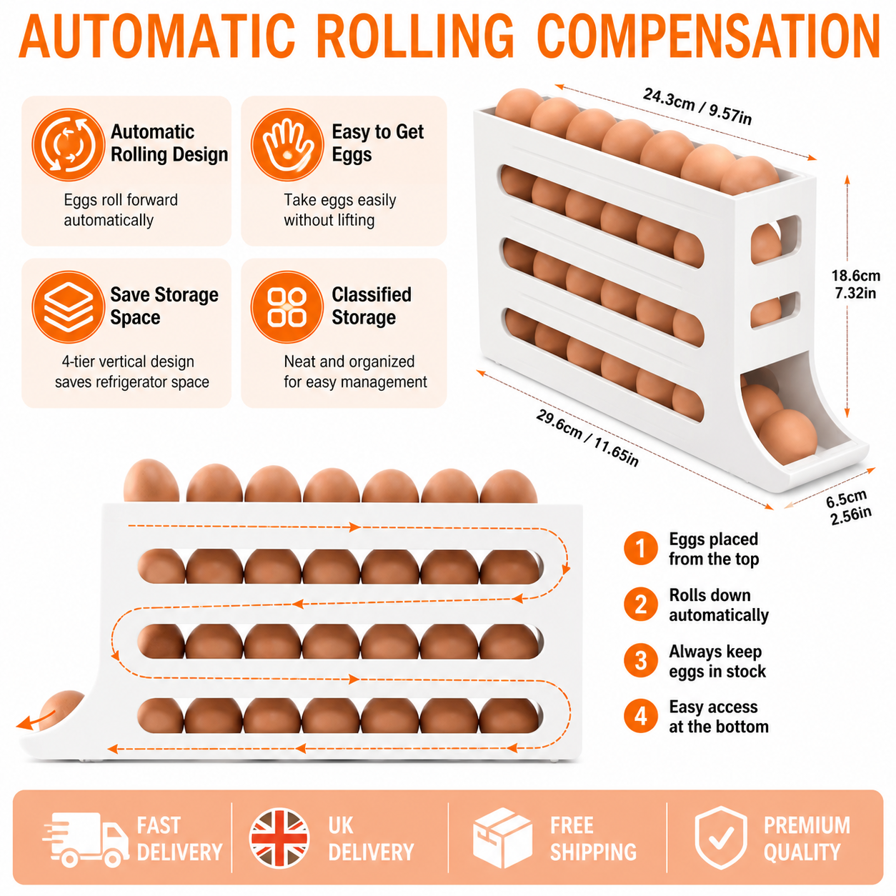 4-Tier Rolldown Refrigeretor Egg Dispenser Auto Rolling Egg Holder Storage Rack