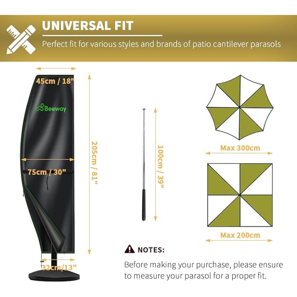 BEEWAY Garden Parasol Cover Waterproof, Outdoor Cantilever Parasol Cover with Zipper and Rod Fit for 1m to 3m Banana Patio Umbrella - 210D Oxford Fabric, Anti-UV , Windproof - 205 x 45/75/32cm