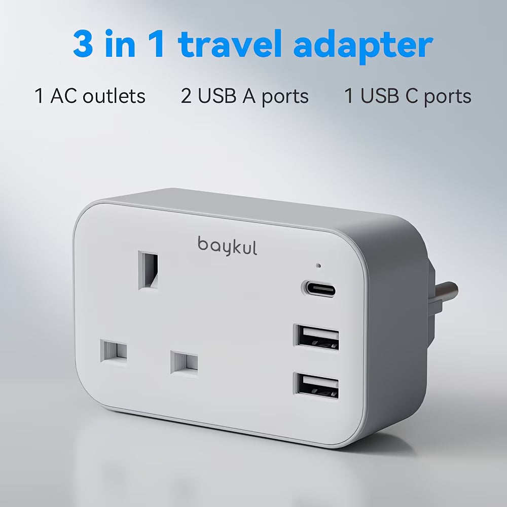 UK to EU Travel Adapter with USB-C & Dual USB Ports – 4-in-1 European Plug Adapter for Travel