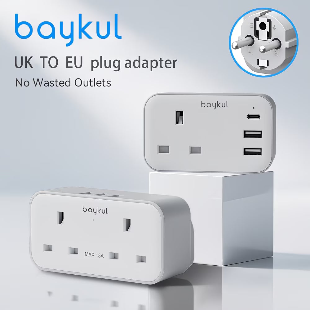 UK to EU Travel Adapter with USB-C & Dual USB Ports – 4-in-1 European Plug Adapter for Travel