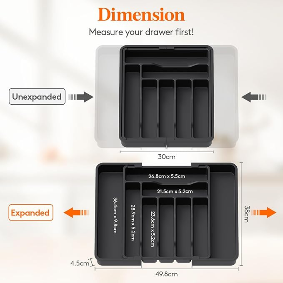 Lifewit Extendable Cutlery Drawer Organiser, Adjustable Cutlery Tray, Utensil Holder for Forks, Spoons, Knives, Plastic Kitchen Organiser and Storage, 9 Compartment, 30-50 x 38cm, Black