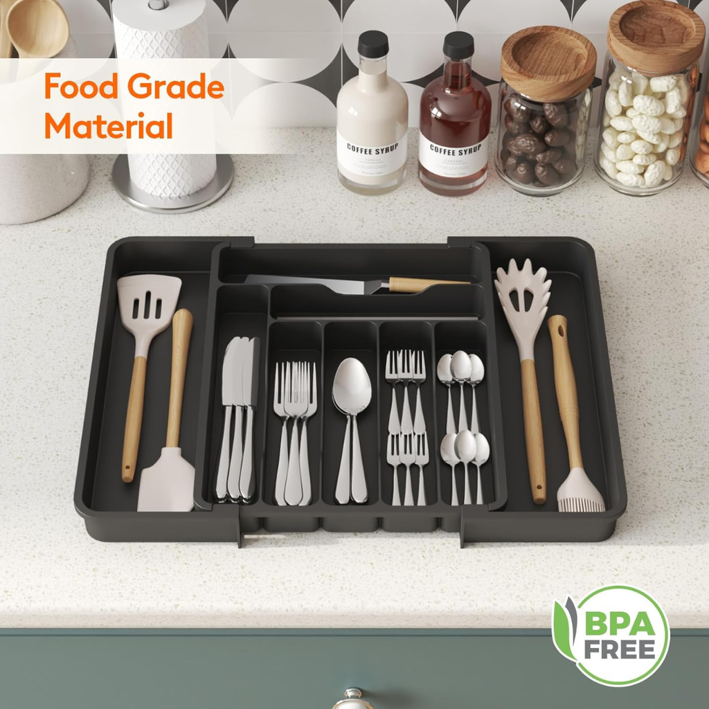 Lifewit Extendable Cutlery Drawer Organiser, Adjustable Cutlery Tray, Utensil Holder for Forks, Spoons, Knives, Plastic Kitchen Organiser and Storage, 9 Compartment, 30-50 x 38cm, Black