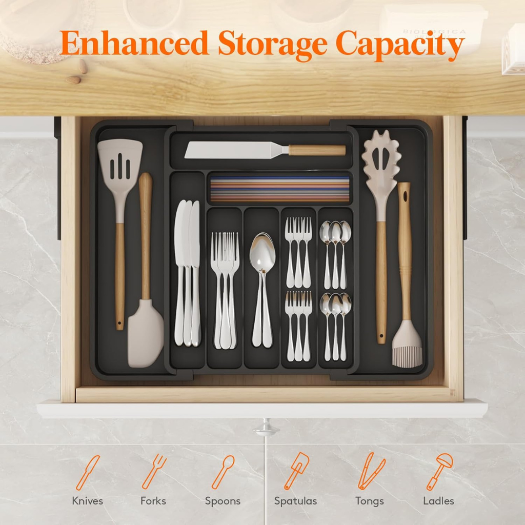 Lifewit Extendable Cutlery Drawer Organiser, Adjustable Cutlery Tray, Utensil Holder for Forks, Spoons, Knives, Plastic Kitchen Organiser and Storage, 9 Compartment, 30-50 x 38cm, Black