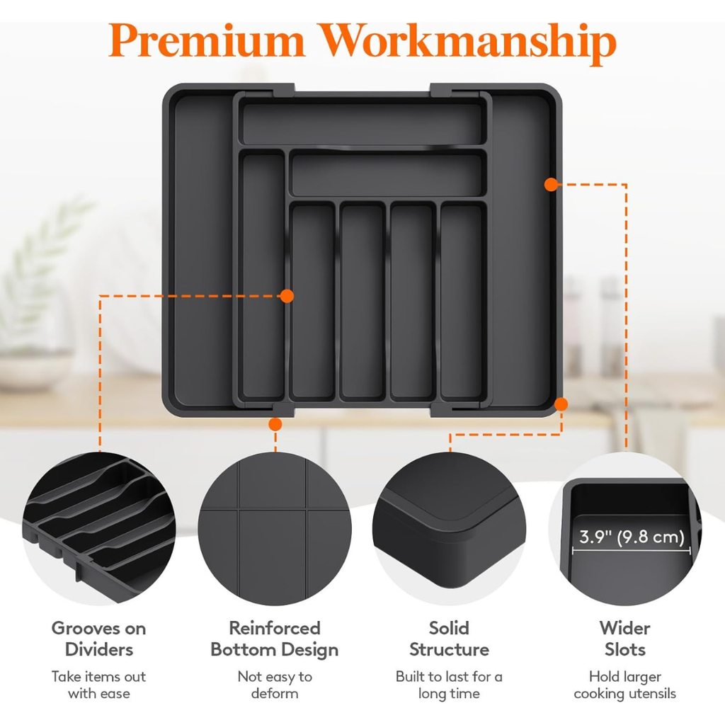 Lifewit Extendable Cutlery Drawer Organiser, Adjustable Cutlery Tray, Utensil Holder for Forks, Spoons, Knives, Plastic Kitchen Organiser and Storage, 9 Compartment, 30-50 x 38cm, Black