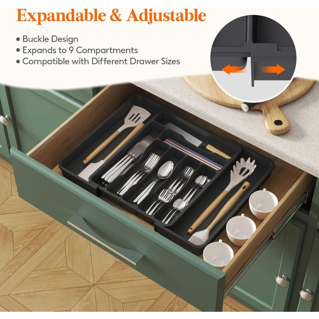 Lifewit Extendable Cutlery Drawer Organiser, Adjustable Cutlery Tray, Utensil Holder for Forks, Spoons, Knives, Plastic Kitchen Organiser and Storage, 9 Compartment, 30-50 x 38cm, Black