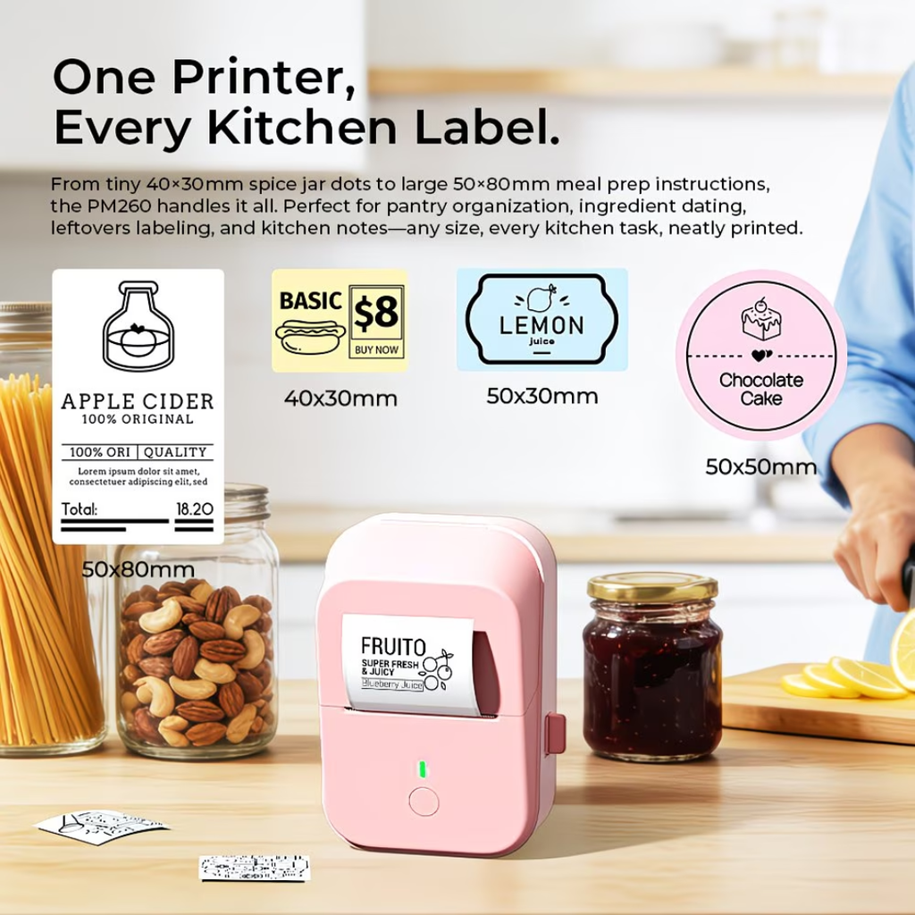 PM260B Portable Wireless Thermal Label Maker Printer – 203 DPI Bluetooth Label Printer with Mobile App, Auto Calibration & Long Battery Life