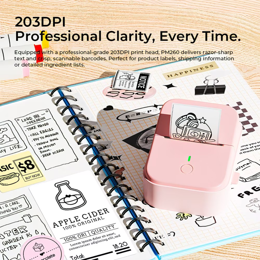 PM260B Portable Wireless Thermal Label Maker Printer – 203 DPI Bluetooth Label Printer with Mobile App, Auto Calibration & Long Battery Life