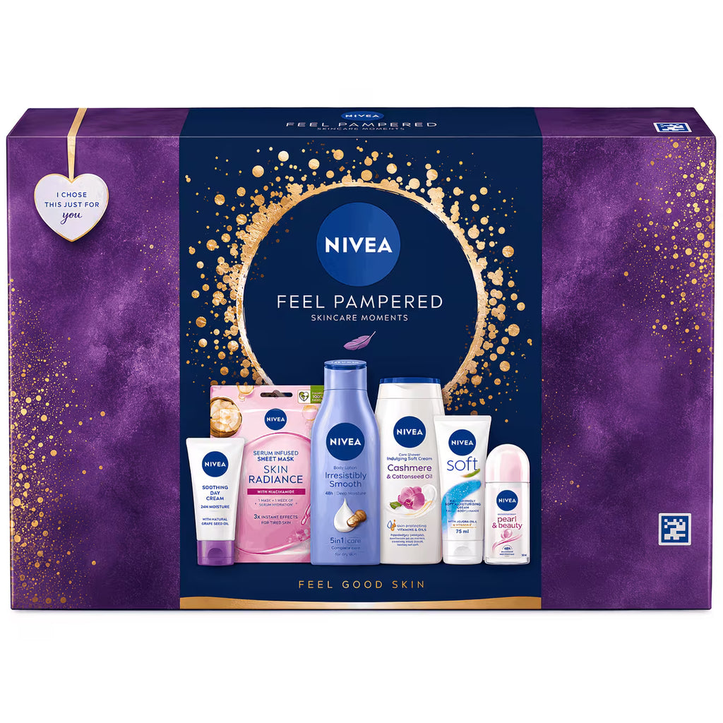 NIVEA Feel Pampered Gift Set – 6 Piece Women's Skincare & Body Care Collection Gift Box