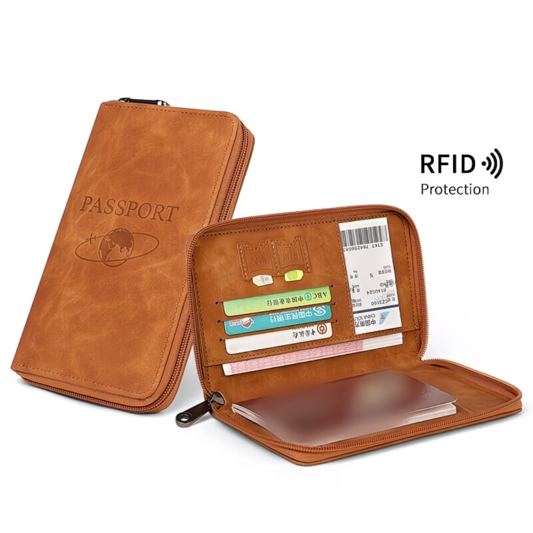 RFID Blocking Passport Holder Travel Wallet – PU Leather Passport Organizer with Card Slots, ID Holder & Ticket Storage for Men & Women