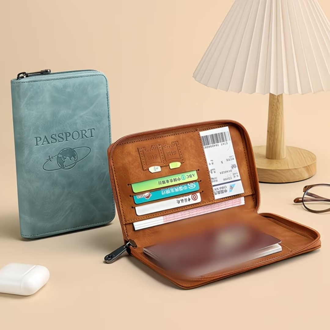 RFID Blocking Passport Holder Travel Wallet – PU Leather Passport Organizer with Card Slots, ID Holder & Ticket Storage for Men & Women